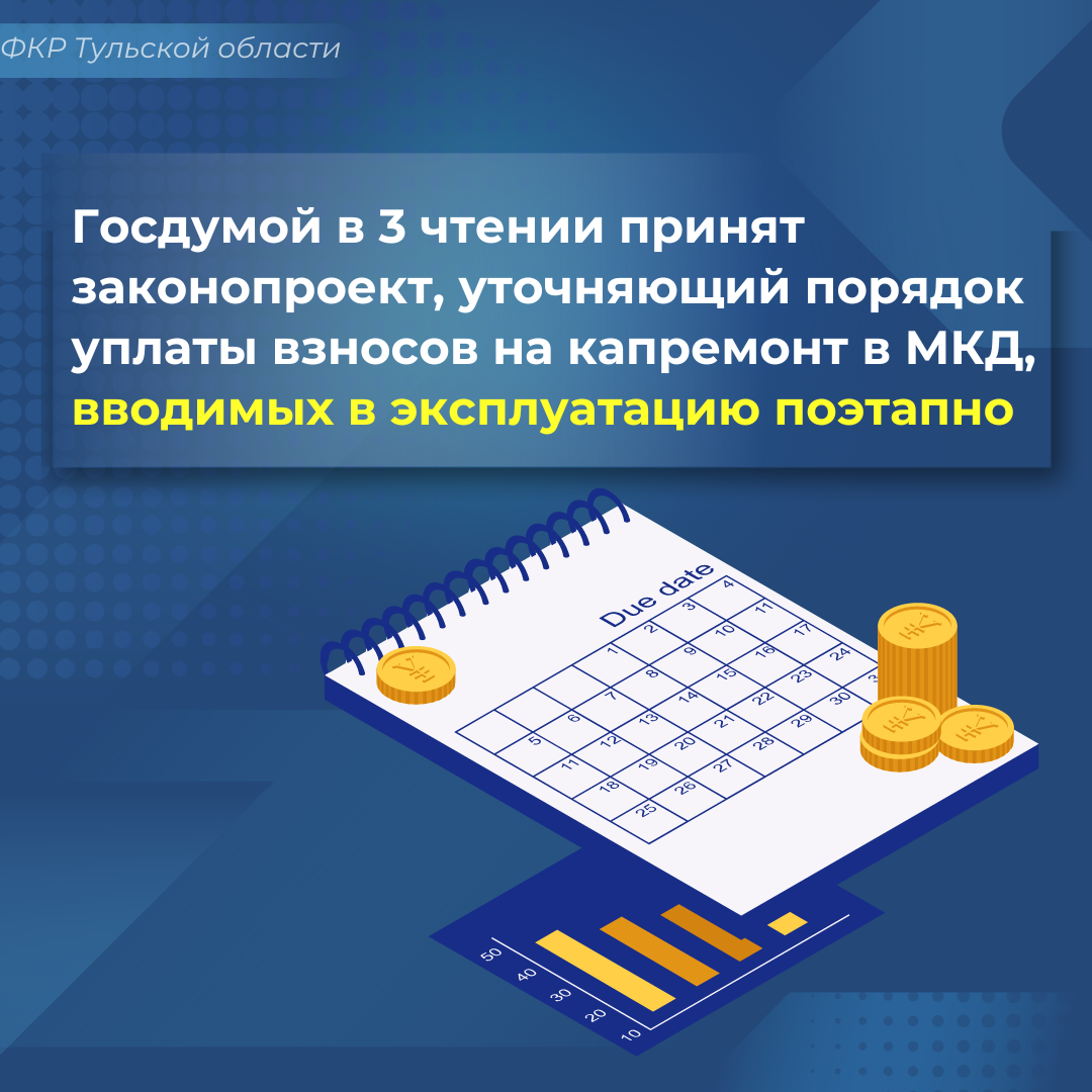 Государственной Думой в третьем чтении был принят законопроект, уточняющий порядок уплаты взносов на капремонт в МКД, вводимых в эксплуатацию поэтапно